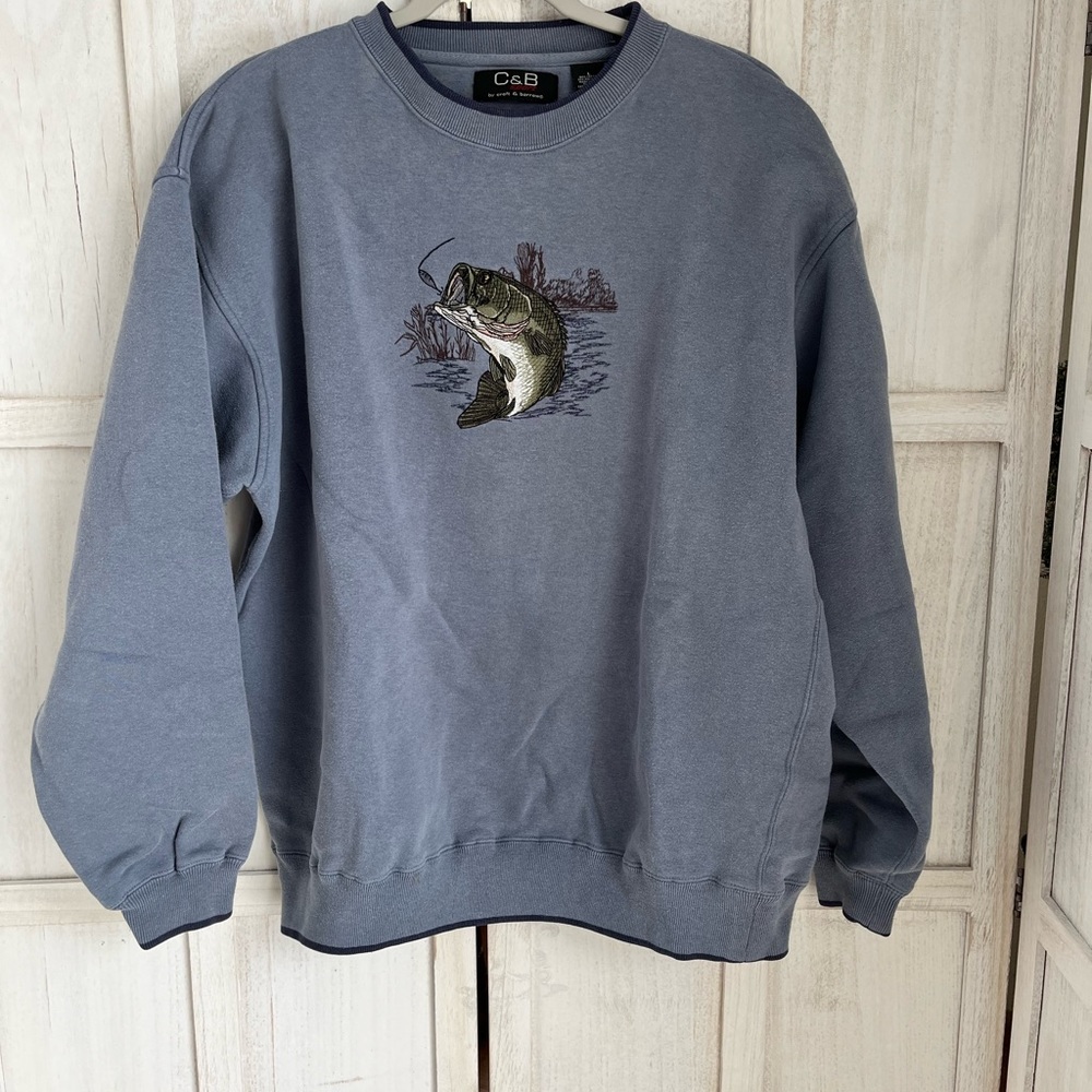 Oversized graphic cobalt blue embroidered fish sweatshirt size large